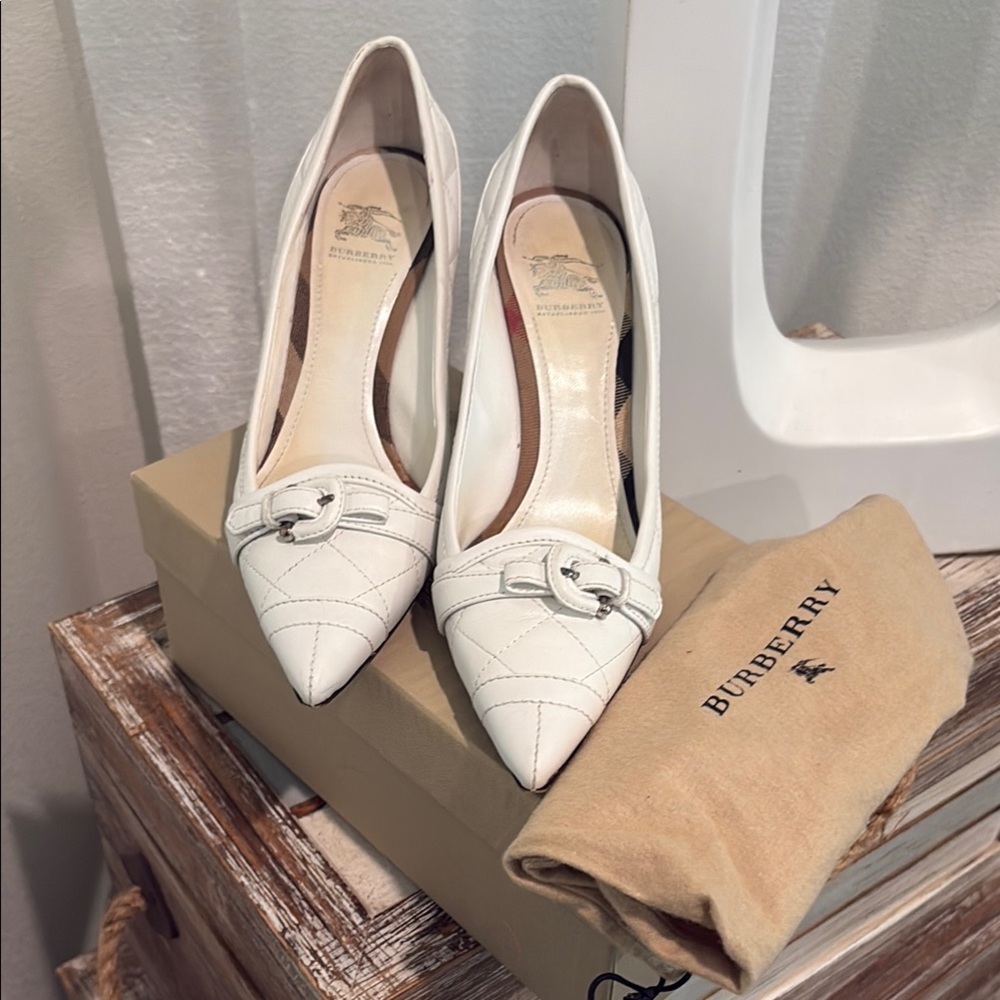 Burberry White Heels with Metallic Buckle